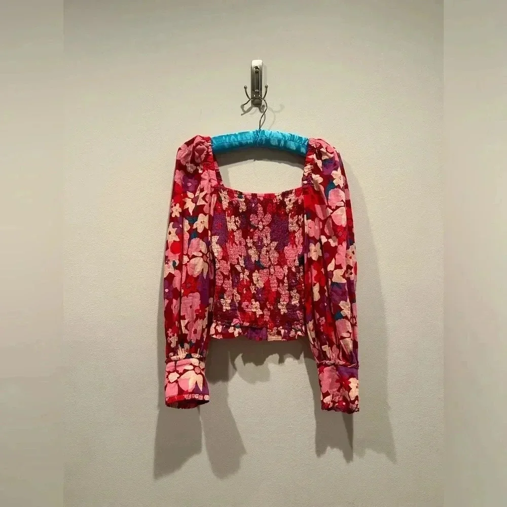 FREE PEOPLE Floral ARIANA SmockBodice PuffSleeve Top /Size XS /